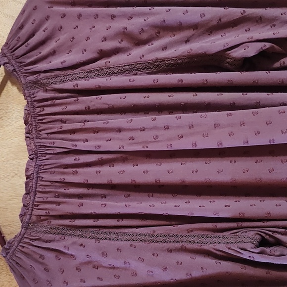 Lucky Brand Boho Cropped Swiss Dot Peasant Blouse Mauve Modal Blend Flowy Lace L - Picture 8 of 11